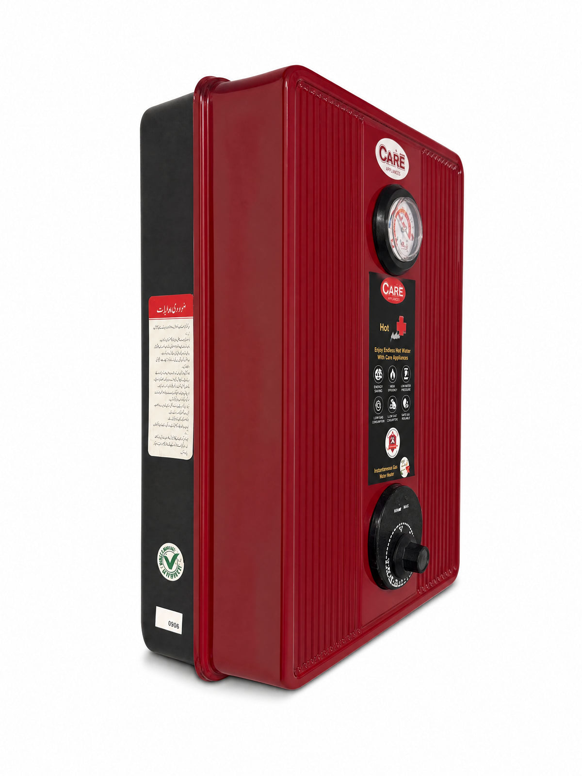 A red and black Cale heat pump water heater shown at a three-quarter angle on a white background.