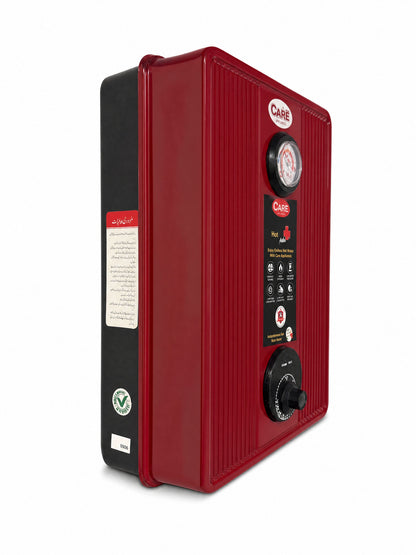 A red and black Cale heat pump water heater shown at a three-quarter angle on a white background.