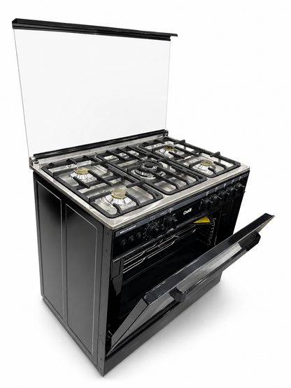 405 Blacky cooking range angled view with oven open